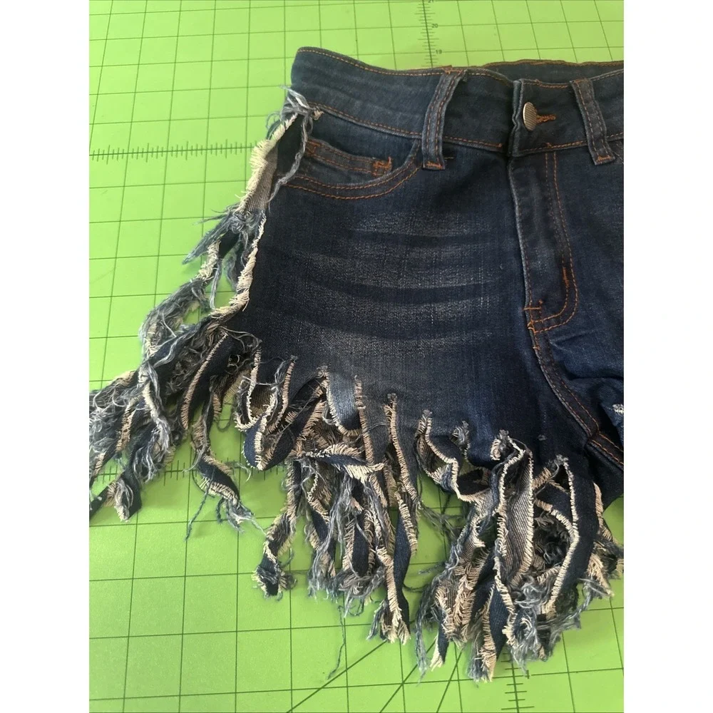 Women's‎ LING Fringe Hem Chain High Waisted Denim Shorts Dark Blue Size S
